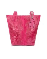 Fuksjowa torebka shopper, duża skórzana torba damska, worek CROCO L94