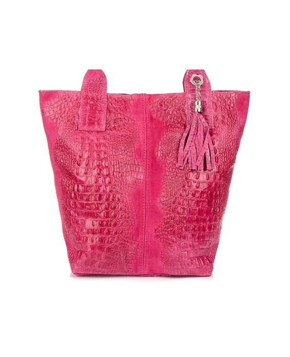 Fuksjowa torebka shopper, duża skórzana torba damska, worek CROCO L94