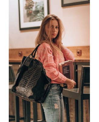 Fuksjowa torebka shopper, duża skórzana torba damska, worek CROCO L94