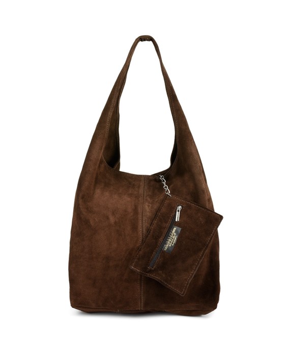 Ciemnobrązowa torba na ramię, zamszowa skórzana torebka damska Vera Pelle N88