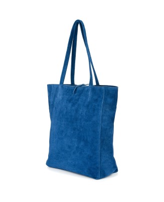 Niebieska zamszowa torebka damska, duża skórzana torba damska, włoska shopperka W18