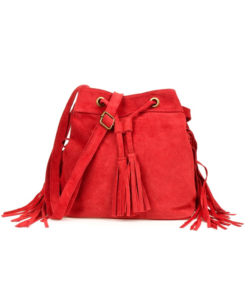 Czerwona torebka damska, skórzana torebka z frędzlami W03