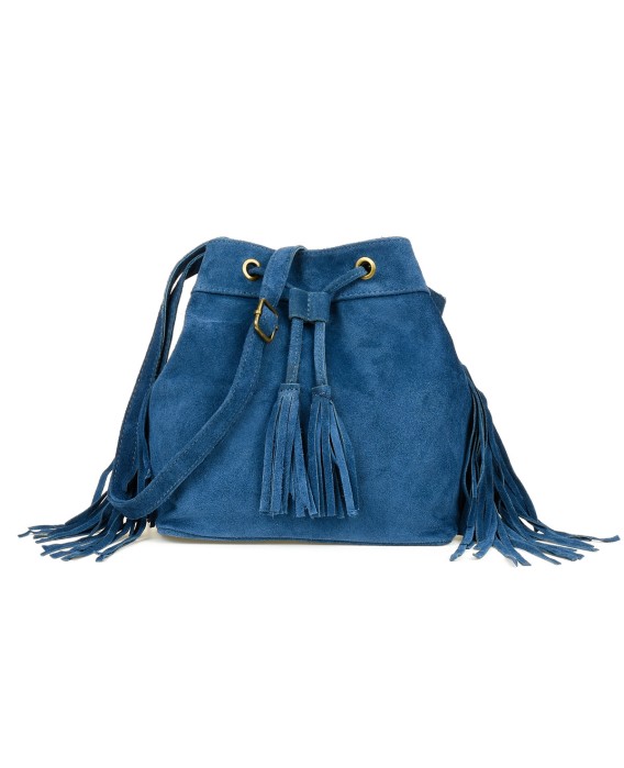 Niebieska torebka damska, skórzana torebka z frędzlami W03